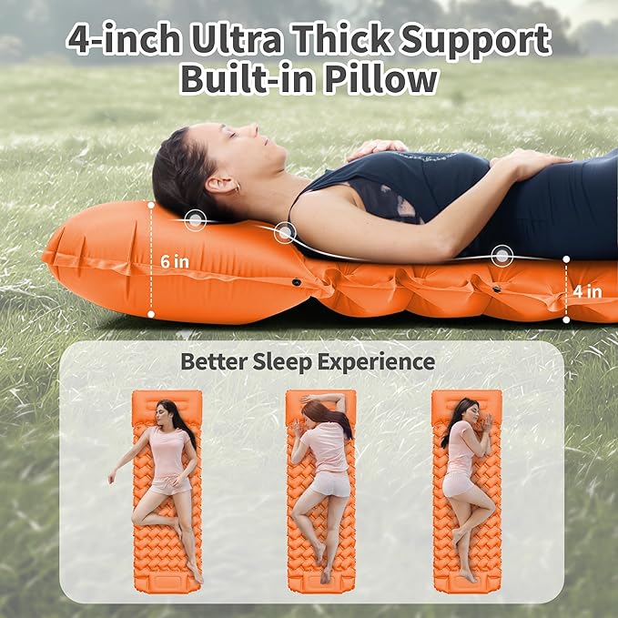 Sleeping Pad for Camping - 4” Thick Inflatable Camping Mat with Built-in Pump &amp Pillow Ultralight Self Inflating Camping pad Backpacking Sleeping Mat for Hiking Tent Traveling