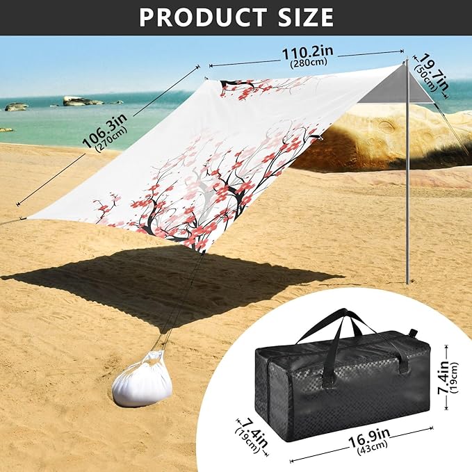 ALAZA Red Cherry Blossom Flowers Floral Beach Tent Sun Shelter UPF50+ Protection Beach Shade Canopy w/ 4 Sandbags for Outdoor Camping Fishing Backyard Fun Picnic 10x9 ft