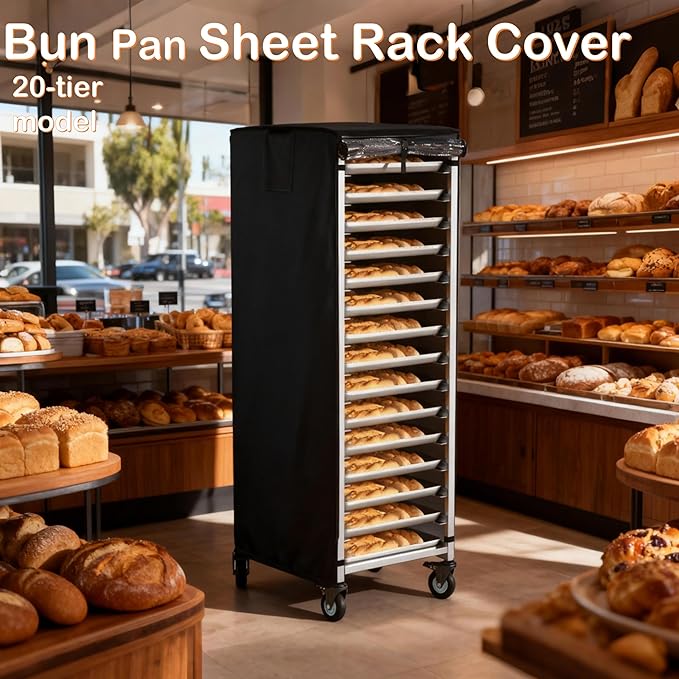 Quick-Release Cover with Zipper Commercial Bread Rack Cover 20-Tier Baking Pan Rack Cover Ventilated Bread Pan Rack Cover 23“ x 28” x 64 Kitchen Bread Rack Cover Waterproof (Black)