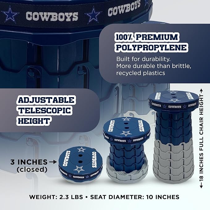 Sporticulture NFL Dallas Cowboys Telescoping Collapsible Stool 500lbs Max Weight Portable Adjustable Height Folding Camping Stool with Carry Strap Retractable Stadium Have A Seat Outdoor Sports Fan