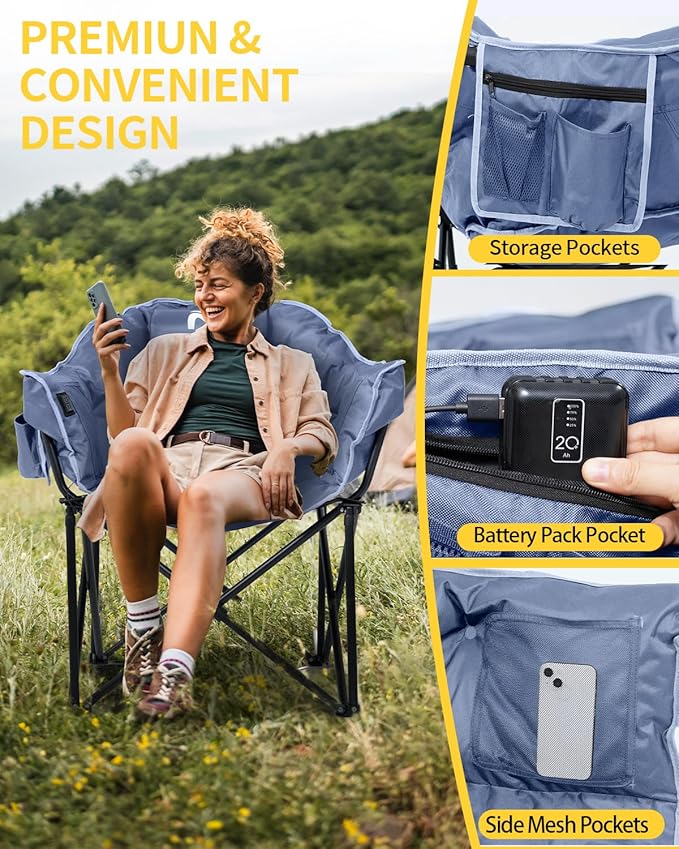 NAIZEA Heated Camping Chair Oversized Heated Folding Outdoor Chair for Adults with 3 Heat Levels Portable Foldable Patio Lounge Chair for Sports Outdoors Camp Battery NOT Included