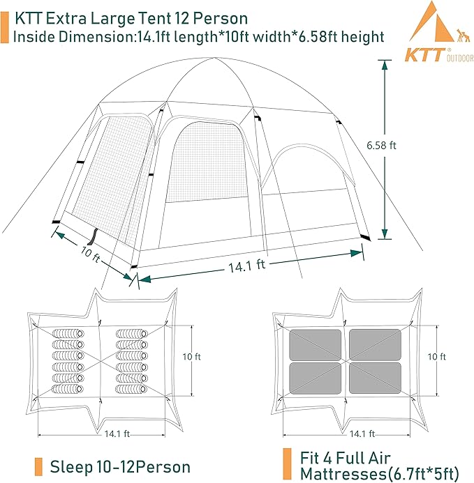 KTT Extra Large Tent 10-12-14 Person(Style-B)Family Cabin Tents2 Rooms3 Doors and 3 Windows with MeshStraight WallWaterproofDouble LayerBig Tent for OutdoorPicnicCampingFamily Gathering