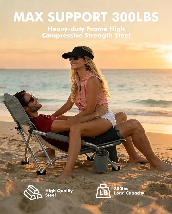 AKSOUL Folding Beach Chair for Adults: Low/High Back Chairs with Carry Bag - Extra Wide Seat Chair with Comfortable Pillow &amp Storage Pocket (1 Pack &amp 2 Pack Blue)