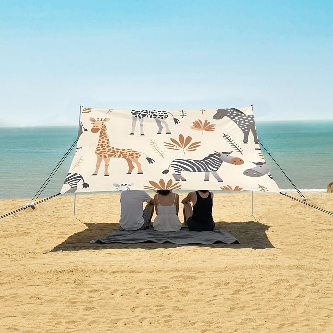 African Animals on A Neutral Beige Camping Sun Shelter Beach Tent Portable Beach Sun Shade Outdoor Canopy for Camping Trips Fishing Picnic