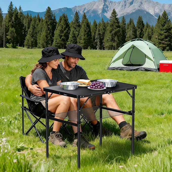 Anbte 3ft Camping Table Foldable with Storage Net 3 Heights Max 29.5 Aluminum Camping Table with Portable Handle Lightweight for Travel Outdoor Beach Picnic Patio Indoor 36 x 24 Pure Black
