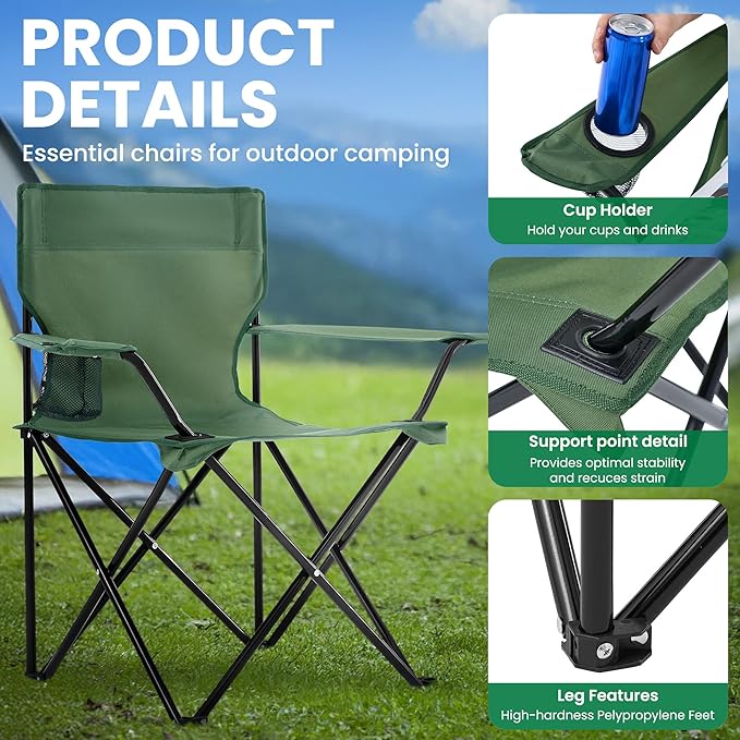 4 Pack Folding Camping Chairs for Adults Foldable Portable Beach Chairs with Carry Bag &amp Cup Holder Compact Design for Camping Beach Picnics and Fishing Supports 300LBS（Green）
