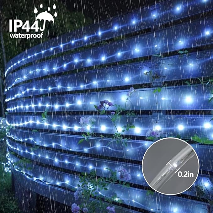 YEGUO Solar Christmas Light Outdoor Waterproof 66ft 200 LED White Rope Lights 8 Modes Tube String Lights in Clear Thin Tube