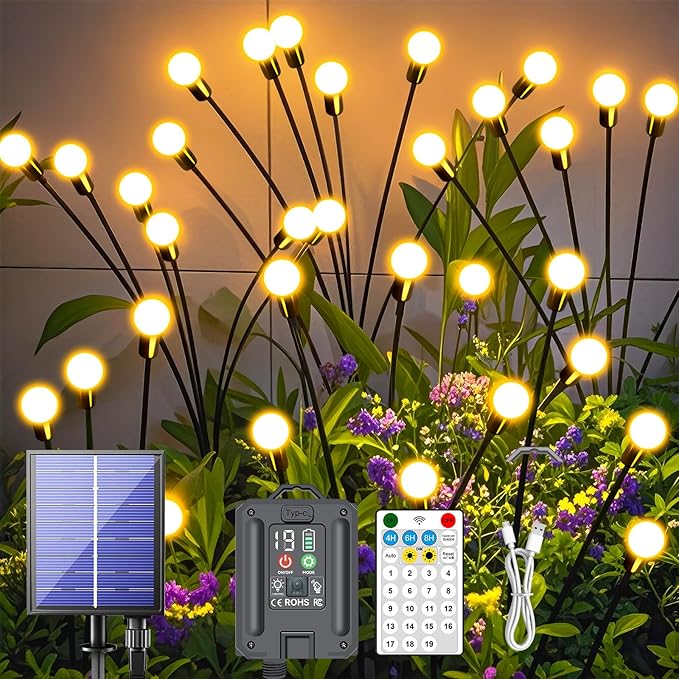 New Upgraded Solar Firefly Lights Outdoor Waterproof 6 Pack 48 LED 19 Modes USB Rechargeable Solar Garden Lights with Remote Timer Dimmable for Yard Patio Landscape Outside Decorations Light Warm