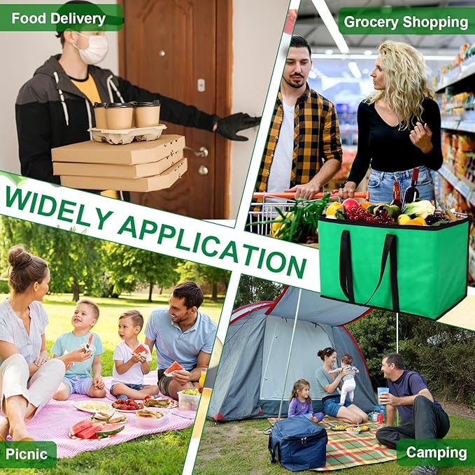 12 Pcs Large Insulated Food Delivery Bag Bulk XXXL Reusable Grocery Bags Foldable Catering Insulated Cooler Bag with Sturdy Handles for Takeout Shopping Camping Warmer/frozen(Green)