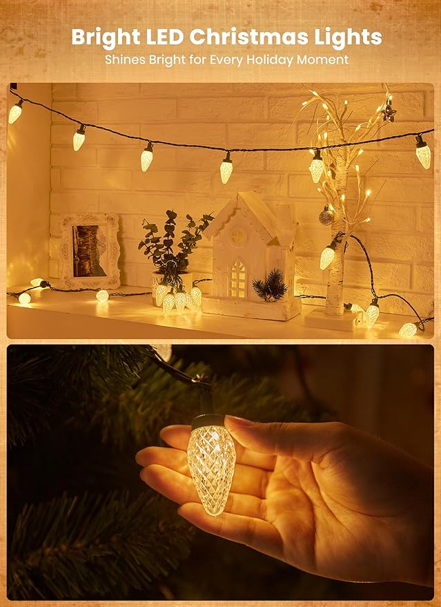 C9 LED Christmas Lights Outdoor 81 Feet 100 LED String Lights With Timer &amp 8 Lighting Mode Waterproof Commercial Grade Extendable for Indoor Outside Roofline Patio Home Xmas Decoration Warm Whi