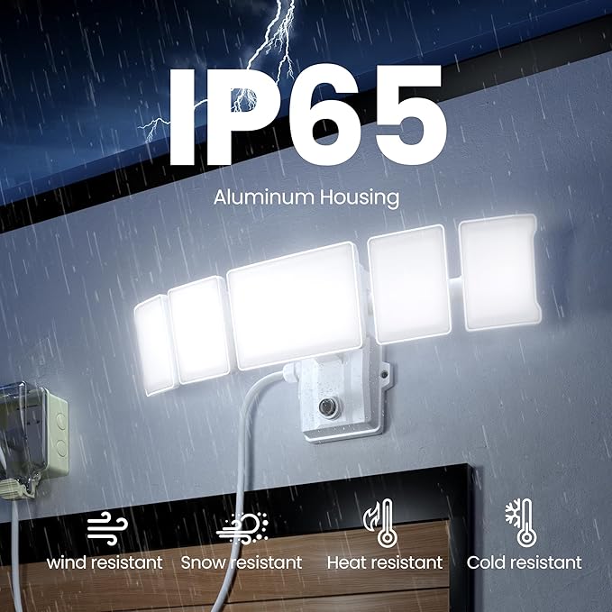 Olafus 120W Plug in Flood Lights Dusk to Dawn LED Outdoor Light with Remote 5 Adjustable Heads IP65 Waterproof LED Security Light with Photocell for Yard Garden Porch White