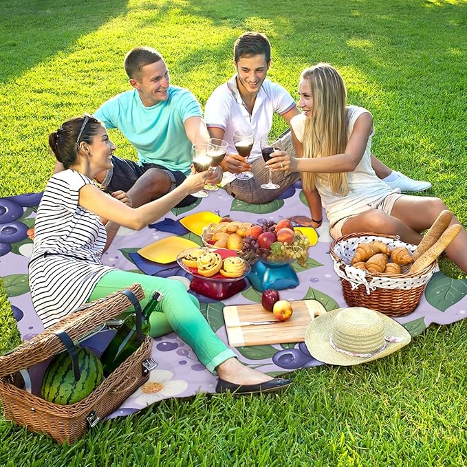 Waterproof Sandproof Beach Blanket 59''×68'' Blueberries Blossom Polyester Outdoor Picnic Blanket with 4 Stakes &amp Storage Bag for BeachCampingVacation Light Blue