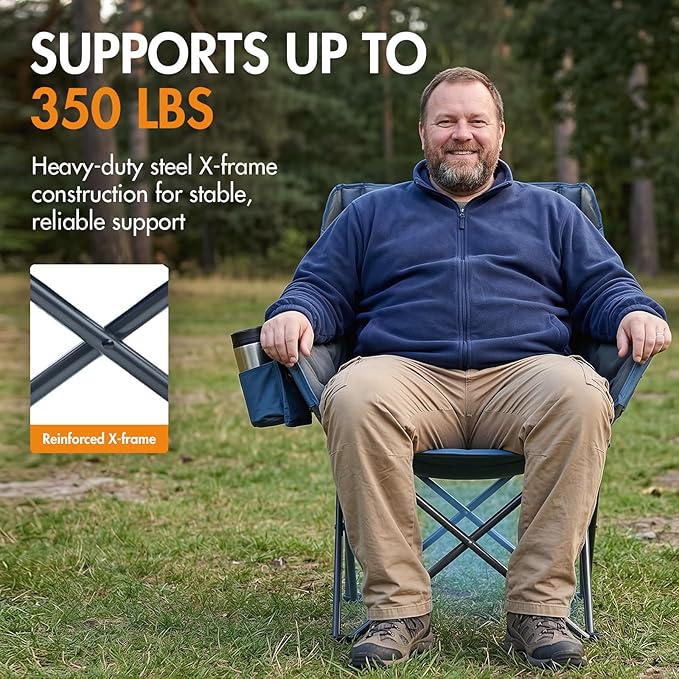 Portal 32 Oversized Camping Chair Foldable Heavy Duty 350 lb Padded Ergonomic Seat for Big &amp Tall Adults Pinch-Free Extra Wide Design Featuring Cup Holder &amp Carry Bag for Fishing Lawn &amp