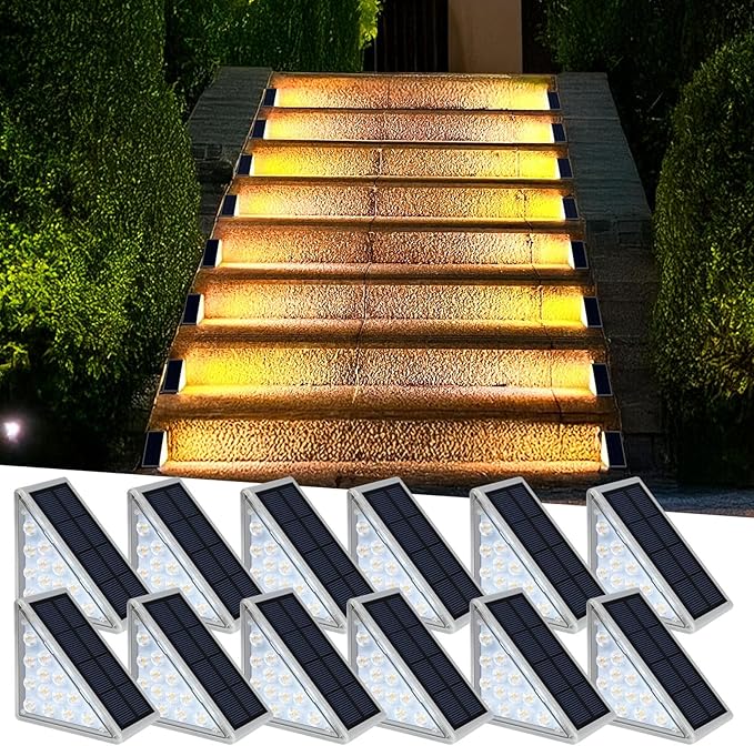 LED Solar Step Lights Waterproof Outdoor Stair Lights Warm White Solar Deck Lights IP67 Solar Decoration Lights for Yard Patio Garden Walkways Front Door Pathway Driveway Porch 12 Pack