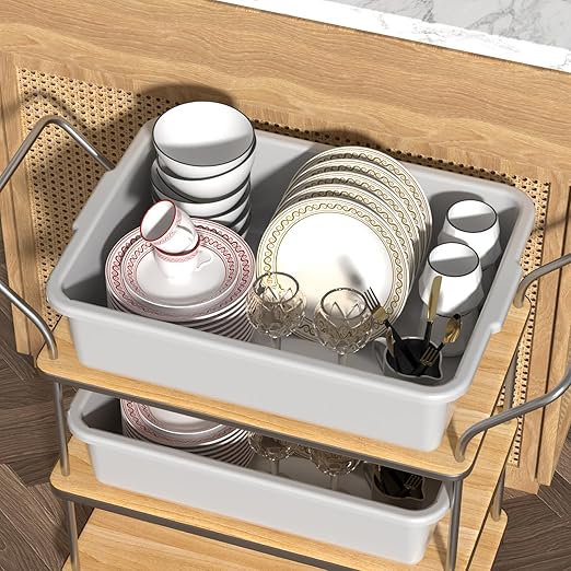 Set of 4 Gray Food Service Bus Tubs 32 L Plastic Commercial Utility Bus Boxes for Restaurant