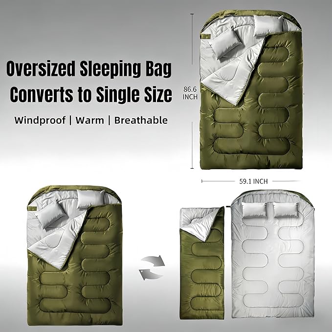 Double Sleeping Bag for 2 Adults Convertible to 2 Single Bags 3-in-1 Waterproof Camping Bag with Pillows Machine Washable 6.6 lbs Lightweight 59x87 Inches