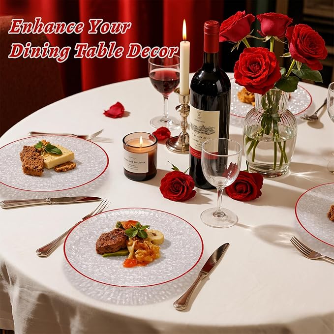 Rubtlamp 60Pcs Red Plastic Plates Clear Plastic Plates With Red Rim Heavy Duty Disposable Plates for Party Fancy Hammered Plates Include 30 Red Dinner Plates 30 Clear Cake Plates