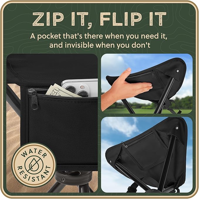 Foldable Tripod Stool - Ultra Portable Seat for Tall People 20” High - Hunting Chair &amp Hidden Zippered Pocket - 2 lb Camping Stool 3 Legged Strong Steel Stool Holds up to 200 lb (Black)