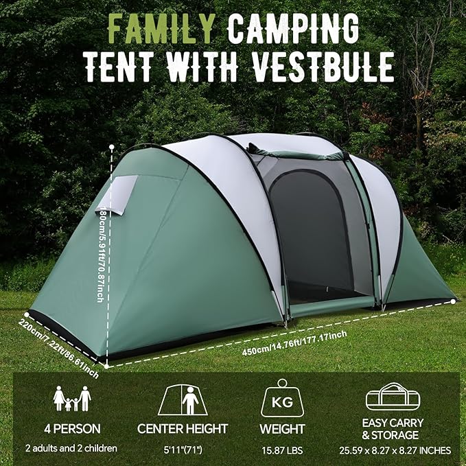 2-4 Person Family Camping Tent with Porch Weatherproof Camping Shelter with Rainfly 2 Room Easy Set Up Family Tent with Living Area for Outdoor Backyard Hiking