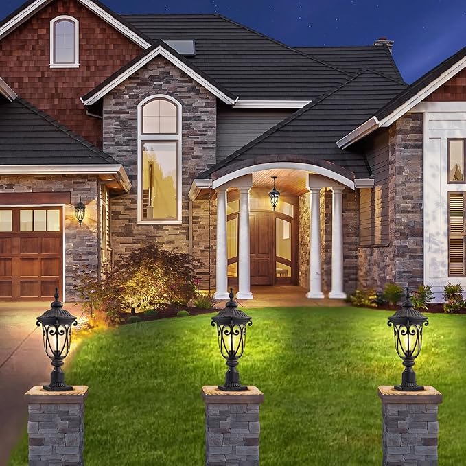 24 Inch High Outdoor Post Light Fixture with Dusk to Dawn Sensor Bronze Post Lantern with Pier Mount Exterior Pole Lighting with Seeded Glass for Yard Garden Patio and Pathway LMMS0519-M