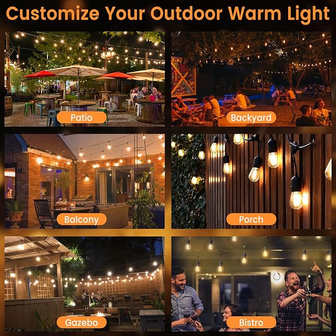 48ft Outdoor String Lights with Remote &amp Dimmer24+2 Commercial Grade IP65 Waterproof Bulbs 2700K Warm White3 Lighting Modes &amp TimerIncludes 30 Cable Ties for PatioGarden Party