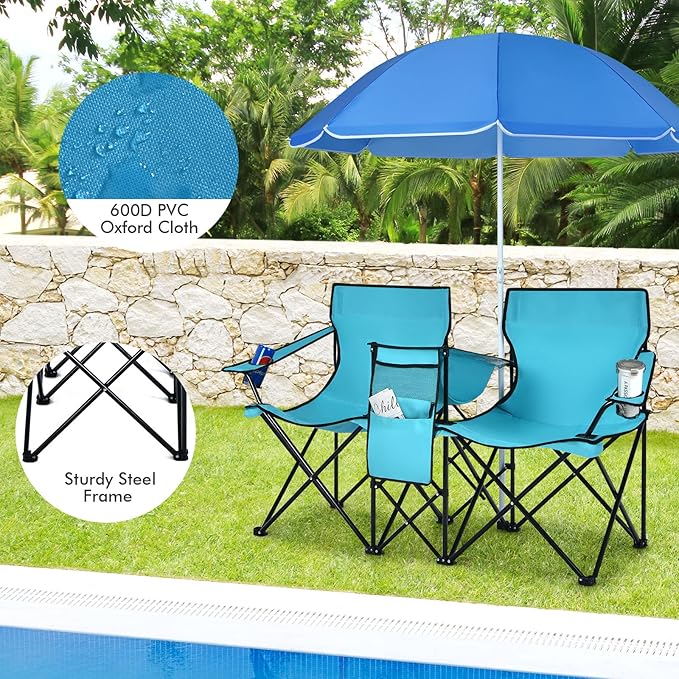 COSTWAY Double Portable Picnic Chairs Folding Camping Chairs w/Detachable Umbrella Cooler Bag Cup Holders Patio Beach Camping Chairs for Outdoors