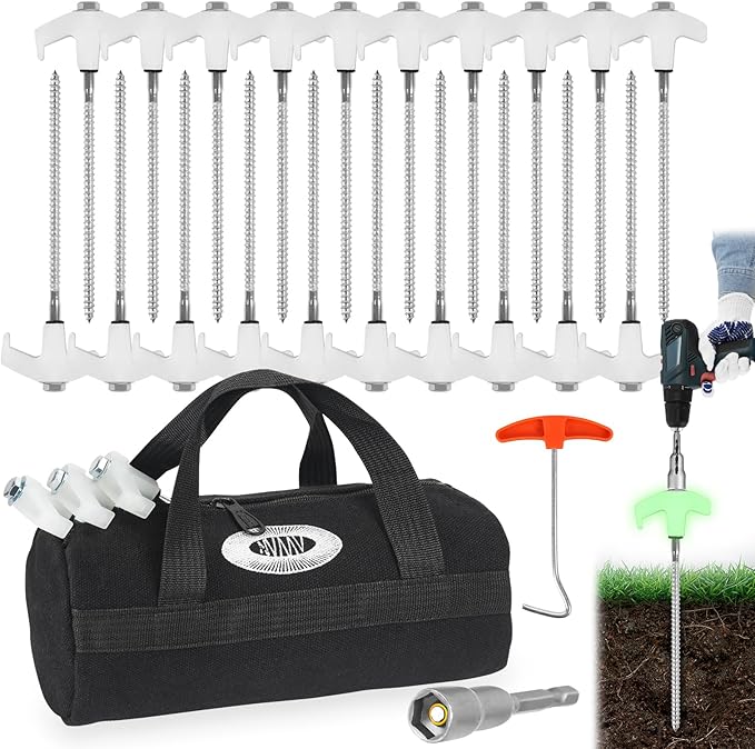 20 Pcs 8 Heavy Duty Drill Tent Stakes with Storage Bag Glow-in-The-Dark Ground Anchor Peg Metal Threaded Screw-in Tent Stake for Camping Swing Canopies with 1 Hex Nut Driver Peg Puller