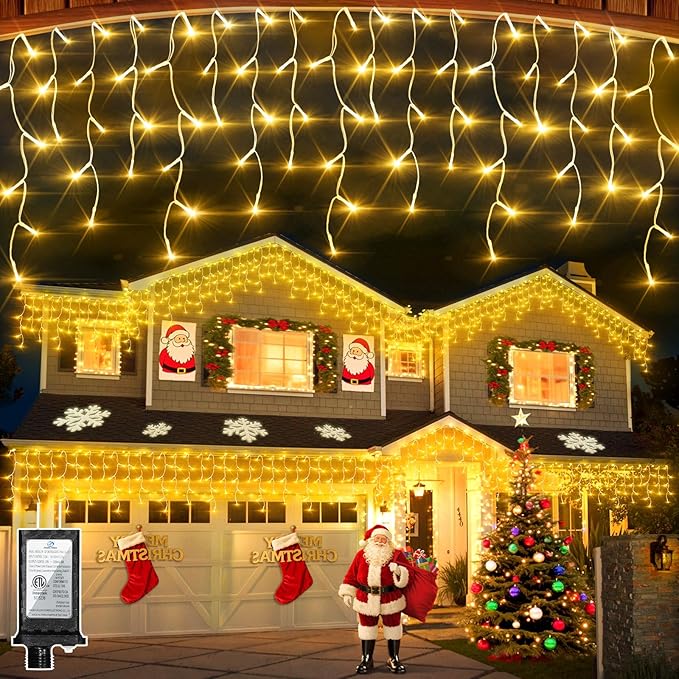 504 LED Christmas Lights with 112Drops 50ft 12 Modes Warm White Fairy String Lights with Timer Dimmable Waterproof Twinkle Lights for Indoor Outdoor Holiday Wedding Party Eaves Yard Christmas Decor