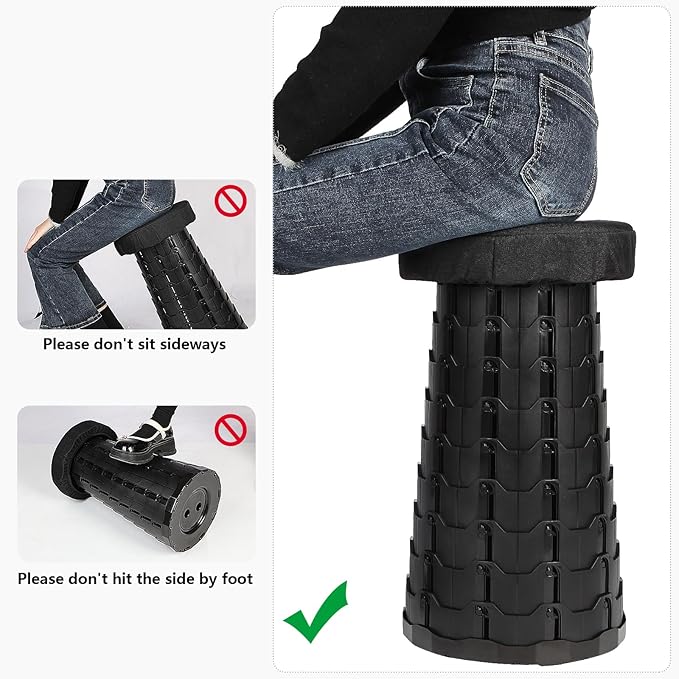 Telescopic Stool Portable &amp Collapsible Sturdy Foldable with Cushion &amp Carry Bag 550lbs Load Capacity Indoor &amp Outdoor Retractable Camping Stool (Black)