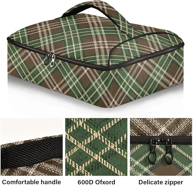 Casserole Carrier Green and Brown Tartan Pattern Print Insulated Casserole Carrier for Hot or Cold Food Thermal Lunch Tote for Parties Picnic Travel Carry Bag