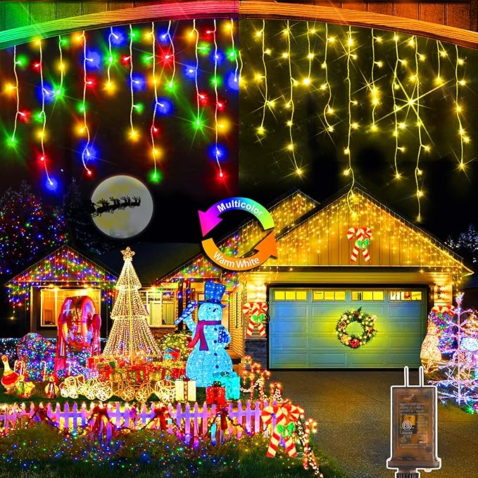 Color Changing Ice Lights 164FT 1600 LED Outside with 320 Drops 11 Modes Timer Waterproof Warm White to Multicolor String Lights for Christmas Eaves Party Decorations