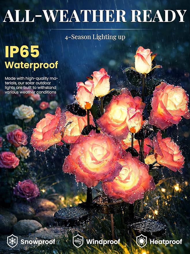 GIGALUMI Solar Lights Outdoor for Garden Decor 3 Pack Solar Flower Lights Waterproof 2 Lighting Modes 9 Roses for PathwayYard Patio Decoration Gardening Gifts for Women (Pink)