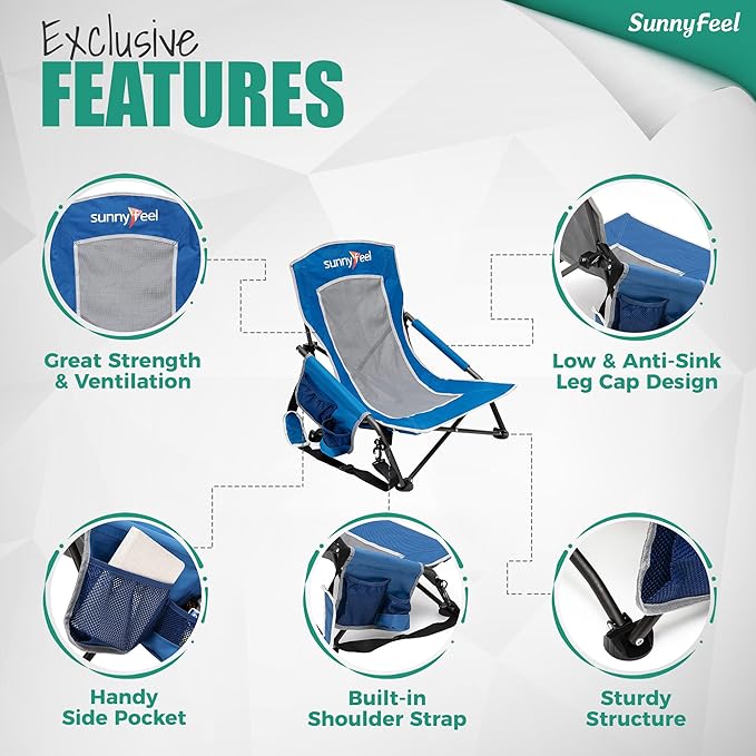 SUNNYFEEL Low Folding Beach Chair for Adults Portable Lightweight Sling Beach Camping Chairs with Cup Holder ArmrestFoldable Camp Lawn Chair for Outdoor Sand Concert Travel Sport Events300LBS