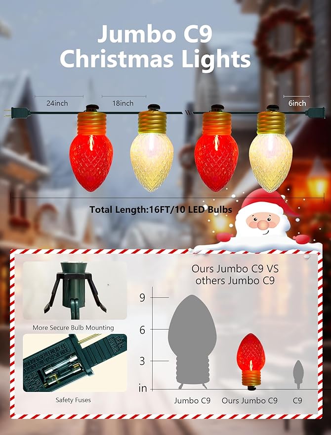 Jumbo Christmas Lights Outdoor - 16ft Multicolor LED Red &amp White Large Bulb with Diamond Pattern Connectable &amp Replaceable UL Listed Waterproof Big Christmas Lights for Holiday Decorations