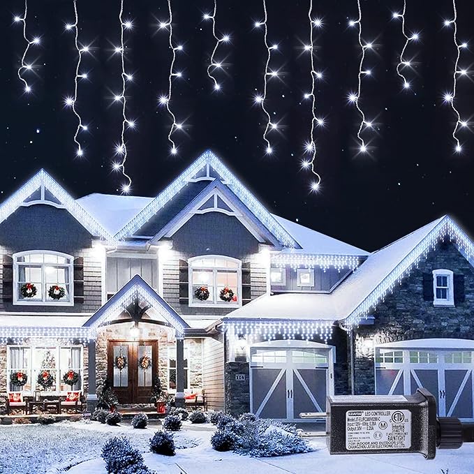 Hopolon 33FT 360L LED Christmas Icicle Lights Outdoor Waterproof8 Modes Plug in Curtain String Lights with 60 DropsChristmas Lights for WeddingPartyBedroomHomeGardenWall Decorations(White)