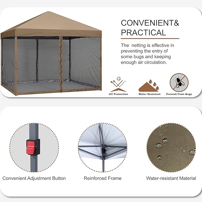 MASTERCANOPY Pop-Up Quick Setup Outdoor Canopy with Netting Screen Walls (10x10 Khaki)