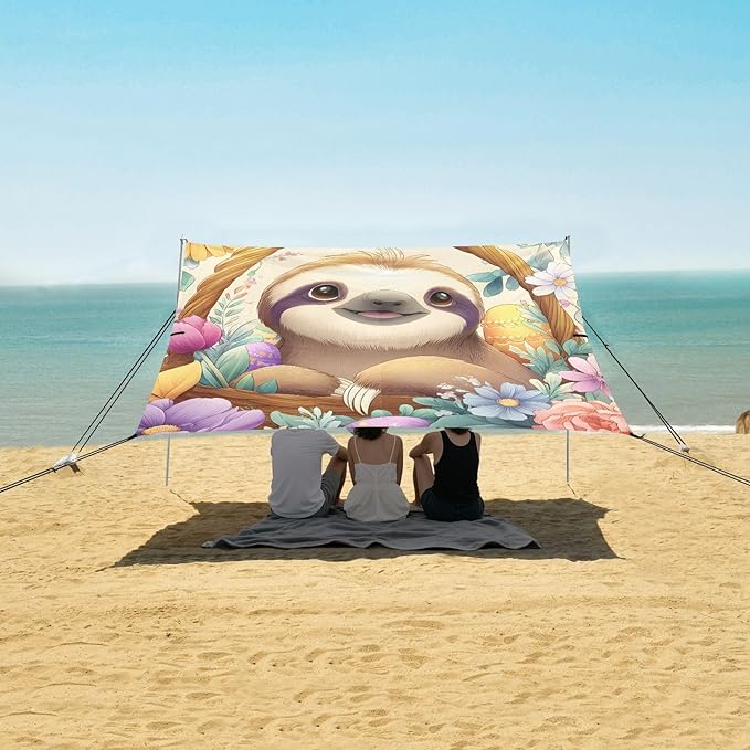 Bolaz Beach Canopy Tent Sun Shade9'×10.5' Large Family Beach Shade UPF50+- Outdoor Shade for Camping Trips FishingSloth Basket Flower