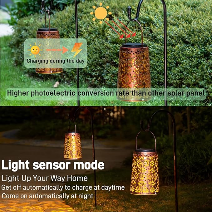 4 Pack Solar Hanging Lanterns Outdoor 2 Modes Adjustable White &amp Warm Light Auto On/Off Metal Waterproof Solar Lights for Patio Garden Wall &amp Tabletop Decor