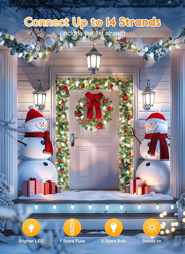 Moonflor C9 Christmas Lights Outdoor Vintage Christmas String Lights 100FT 100LED Green Wire (Warm White)