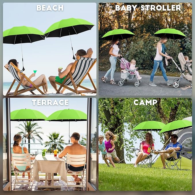 2PCS UPF50+ Chair Umbrella with 360°Universal Adjustable Clamp Beach Chair with Umbrella Beach Umbrella with UV Protection for Outdoor Camping Patio Chairs Wheelchair Trolley (Green Not