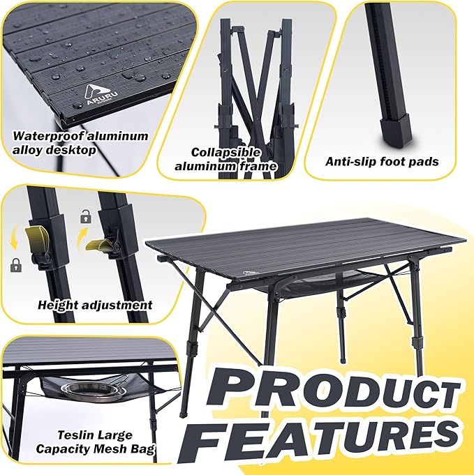 Portable Camping Table with Adjustable Hight Legs Lightweight Aluminum Folding Beach Table with Mesh NetCarrying Bag for Outdoor Cooking Picnic Beach Backyards BBQ and Party