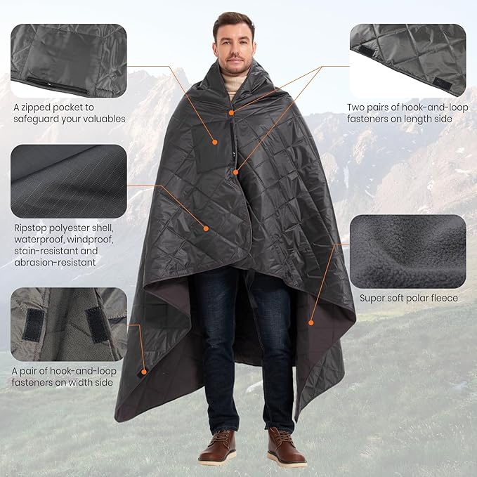 4-in-1 Large Outdoor Blanket - Waterproof &amp Windproof Thickened Warm Fleece Camping Blanket for Stadium Hiking Sporting Events - 81x57 Packable (Dark Gray)