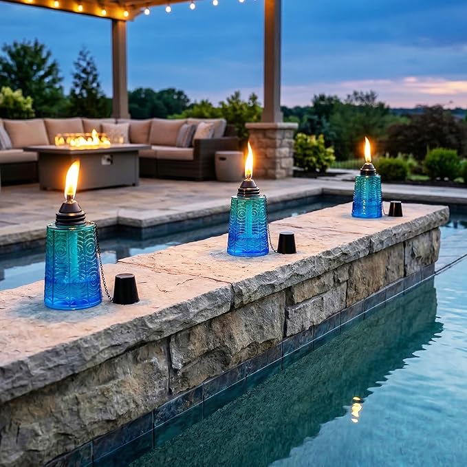 Seraphic Citronella Table Top Torches for Outdoor Patio 16oz Decorative Glass Torch Citronella Candles for Outside Deck Garden Parties Set of 3 Tropical Blue