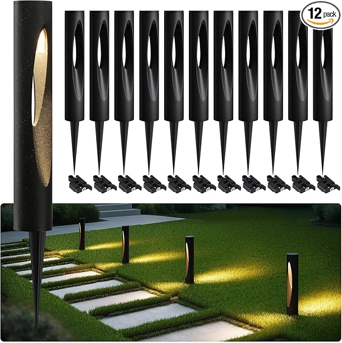 Tribesigns 12-Pack Low Voltage Landscape Lights 4.8W LED Pathway Lights 3000K Outdoor Landscape Lighting for Walkway Garden Yard UL&ampETL Listed IP65 Waterproof 12-24V Aluminum Alloy Black