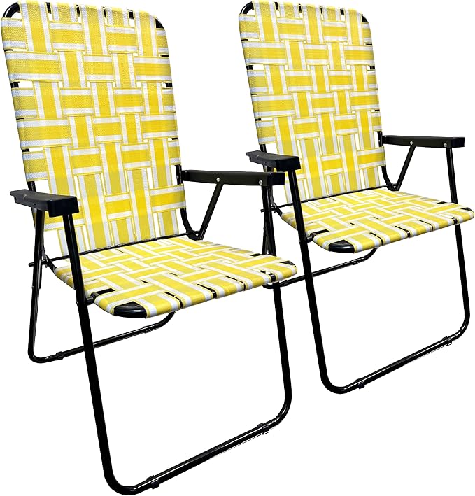 Lawn Chair Folding Steel Webbing Chaise Patio Lounger Seat Wood Handles Great for Camping Beach Fishing Backyard Stadium Pool Boating and Sports 2 Pack Yellow Stripes