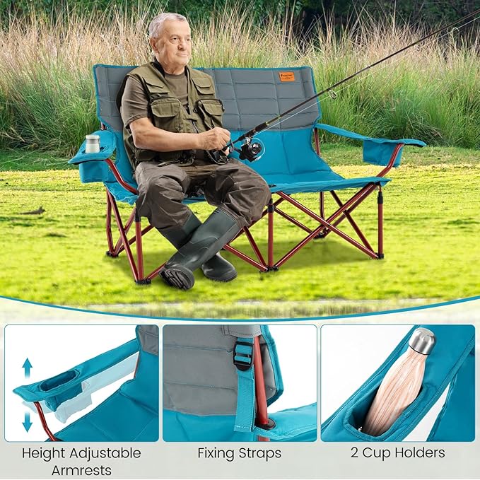 Goplus Double Camping Chair for Adults Low Outdoor Folding Loveseat Couch Chair w/Cup Holders Thick Padding Heavy-Duty 2 Person Lawn Chair for Beach Picnic Travel Supports 660 LBS(2-Person Seat)