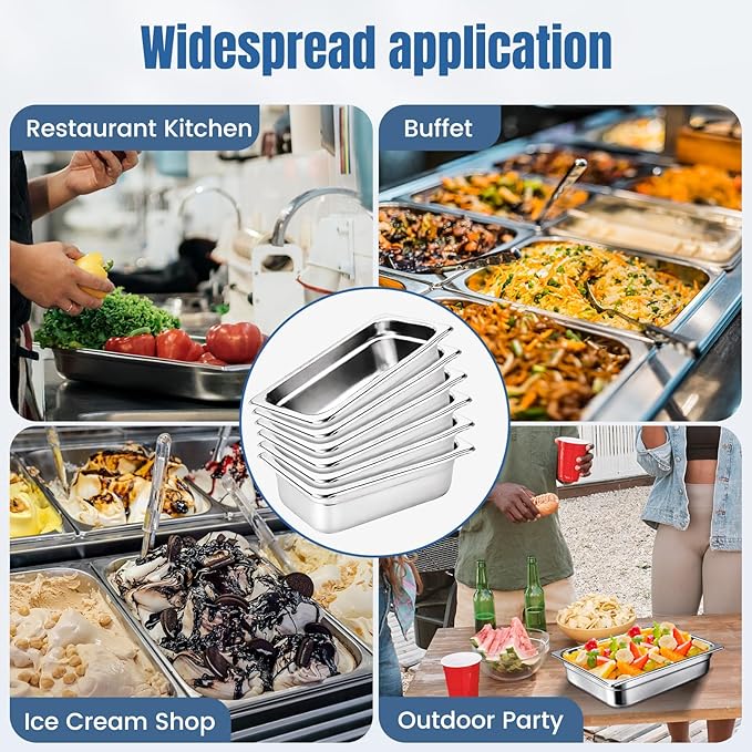 6 Pack 1/9 Size Steam Table Pan Set2.5 Deep Hotel Pans Half Size Anti Jam Stainless Steel Food Pan for RestaurantsCateringHotel BuffetHomeParty