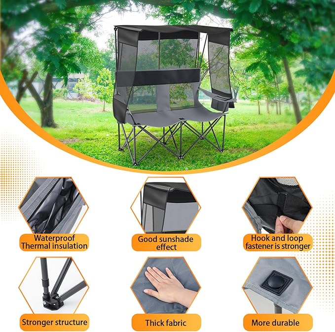 Double Camping Chair with Canopy Shade - 2 Person Beach Loveseat Folding Camp Chair with Cup Holders &amp Cooler Bag Portable Heavy Duty Outdoor Seating for Camping Beach Sports Backyard