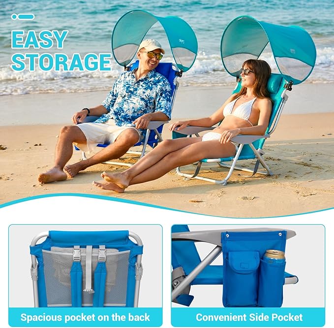 #WEJOY Beach Chair with Canopy Shade Reclining Adjustable 4 Position Lay Flat Lightweight Folding Portable Aluminum Chair with Backpack StrapsPadded headrest Heavy Duty 400lbs Lawn Chair for Beach