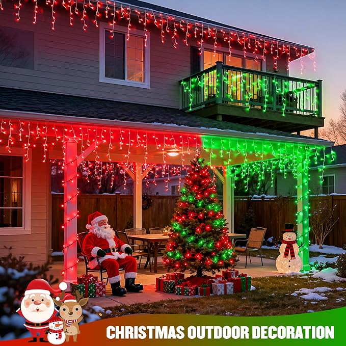 JMEXSUSS 400 LED Red and Green Christmas Lights Red &amp Green Icicle Lights Clear Wire Connectable String Lights Plug in for Christmas Party Outdoor Eaves Home Xmas Decorations